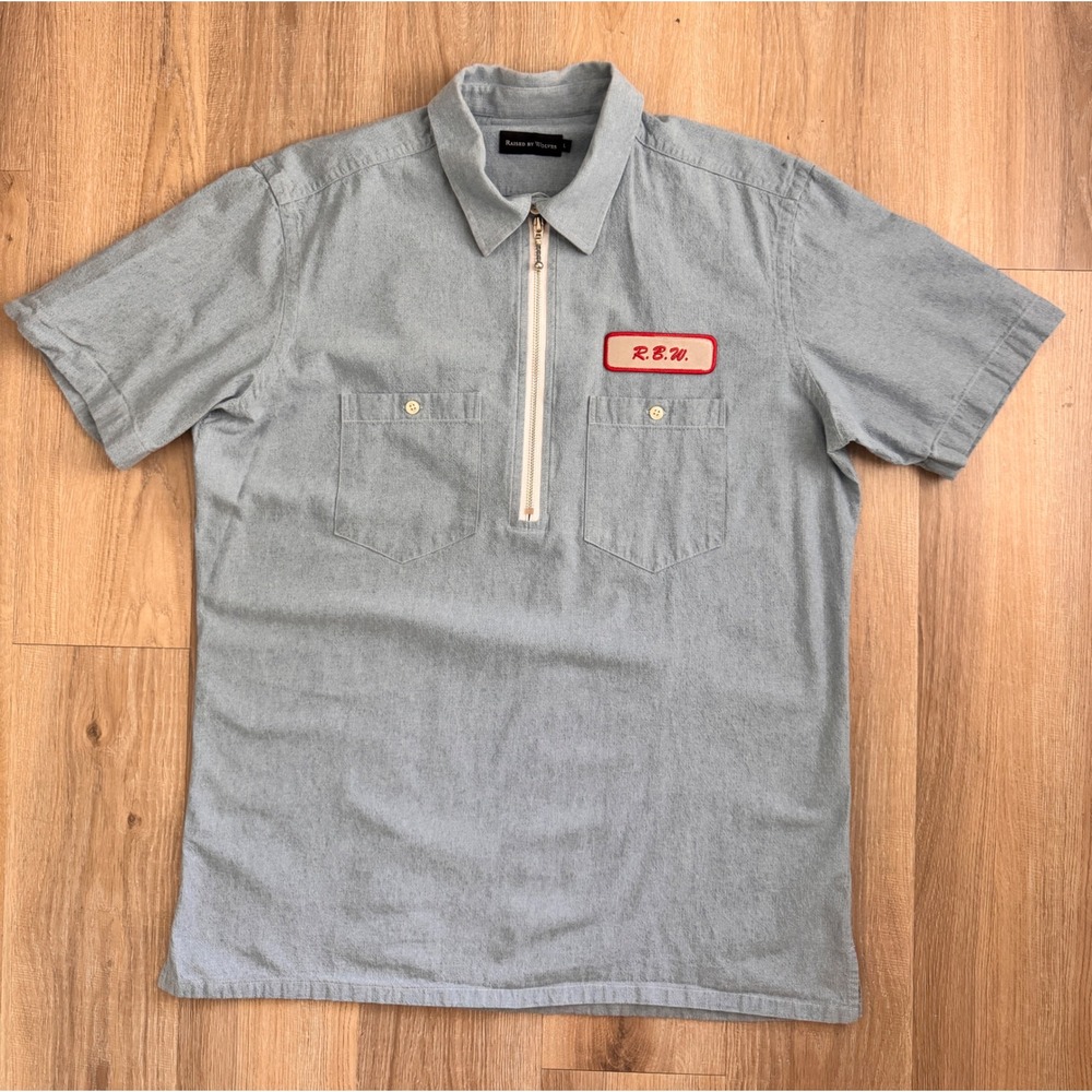 Raised By Wolves Light Blue Quarter Zip Short Sleeve Work Shirt RBW Patch Large